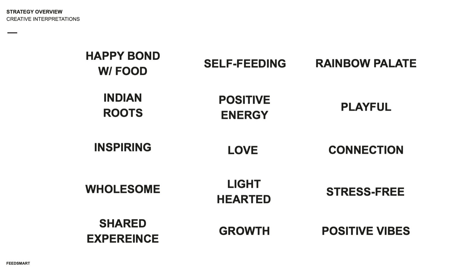 Strategy overview — creative interpretations mapping the qualities to territories: happy bond with food, self-feeding, rainbow palate, Indian roots, love, connection, shared experience and more