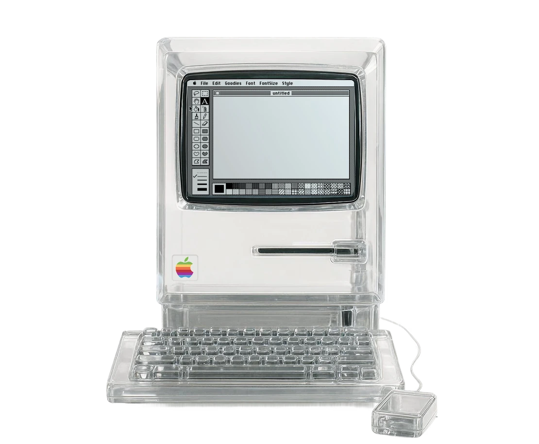 Transparent retro Macintosh computer with a hand-drawn hello on screen