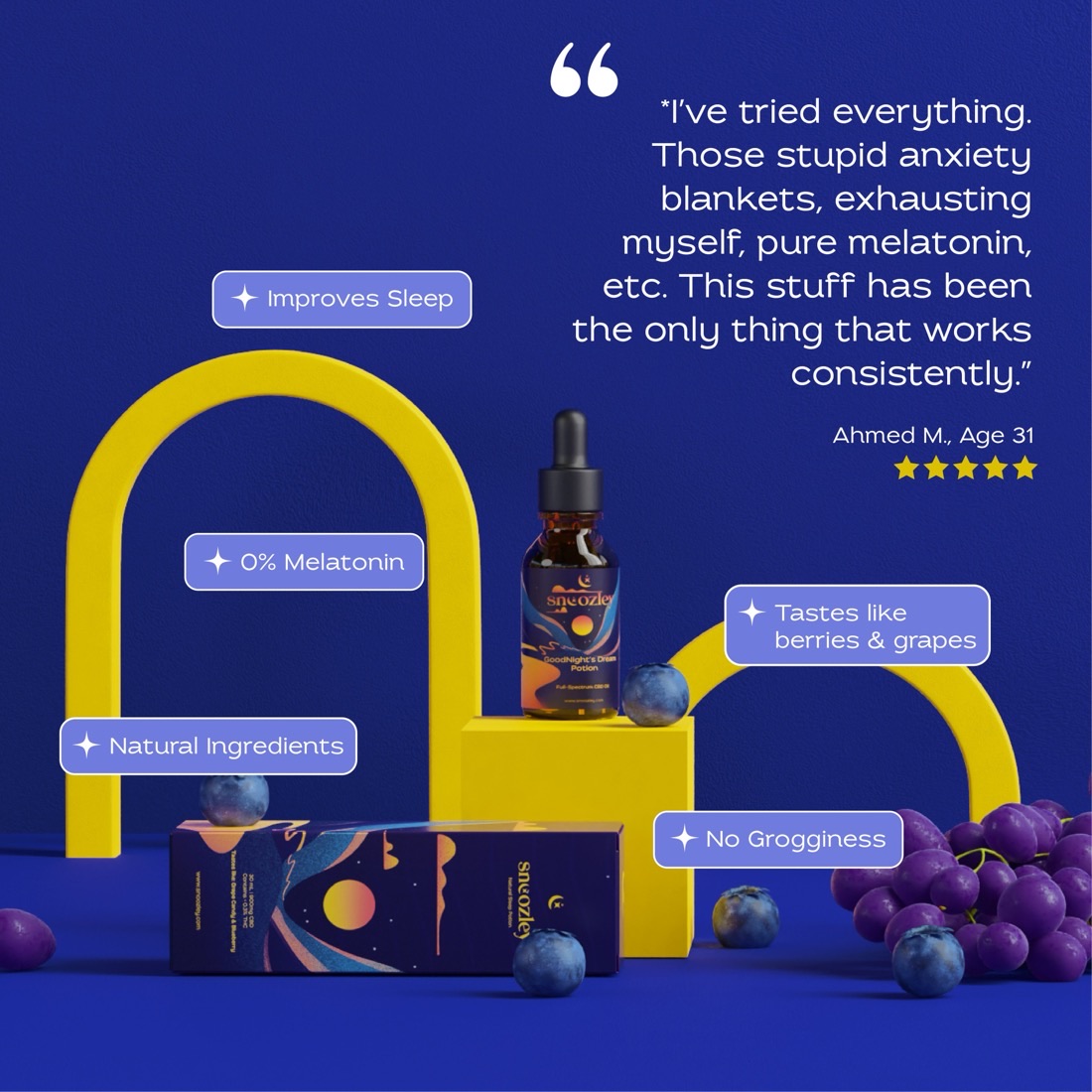 Snoozley testimonial ad — a five-star customer quote beside the GoodNight’s Dream Potion bottle, with proof-point tags: Improves Sleep, 0% Melatonin, Natural Ingredients, No Grogginess