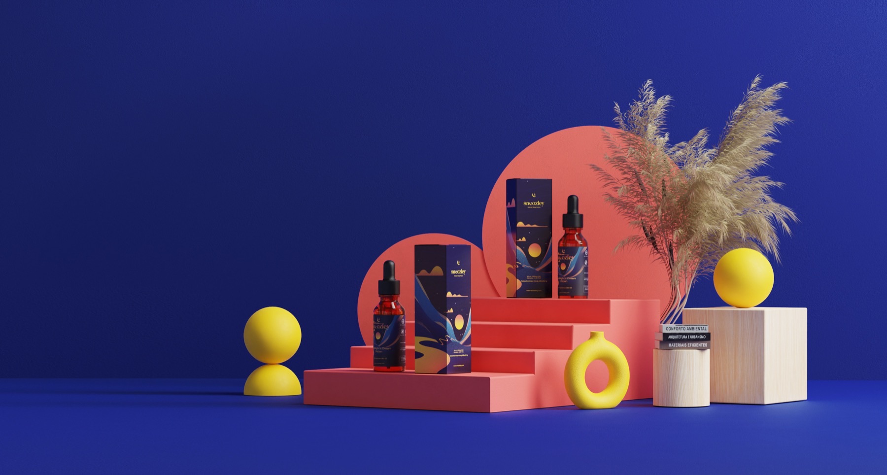 Snoozley GoodNight’s Dream Potion bottles and packaging staged on coral podiums and steps against a midnight-blue set