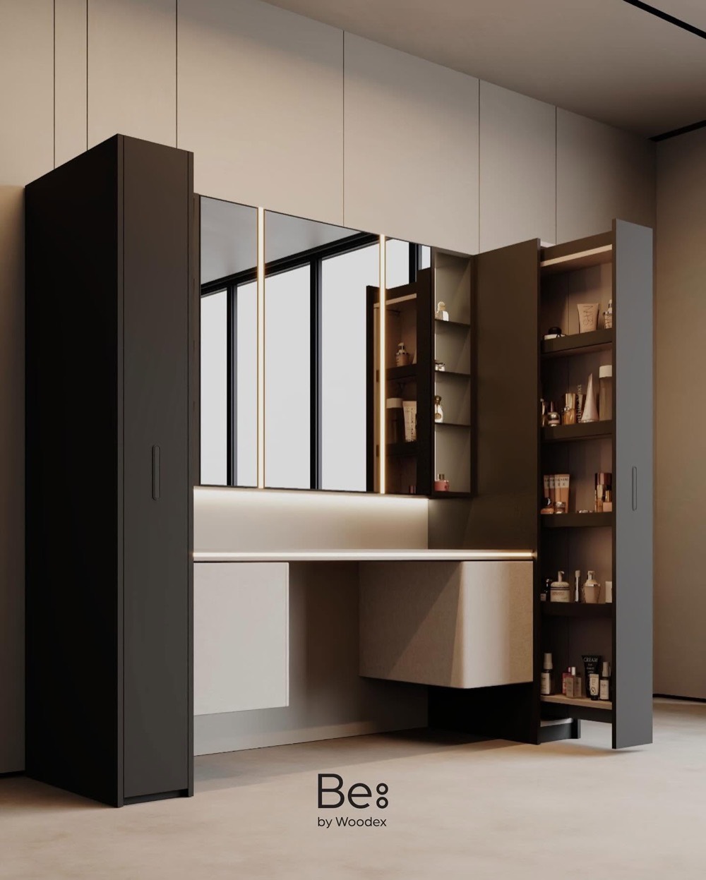 Be by Woodex vanity unit — mirror with lit beauty-storage cabinets opened to reveal product shelving