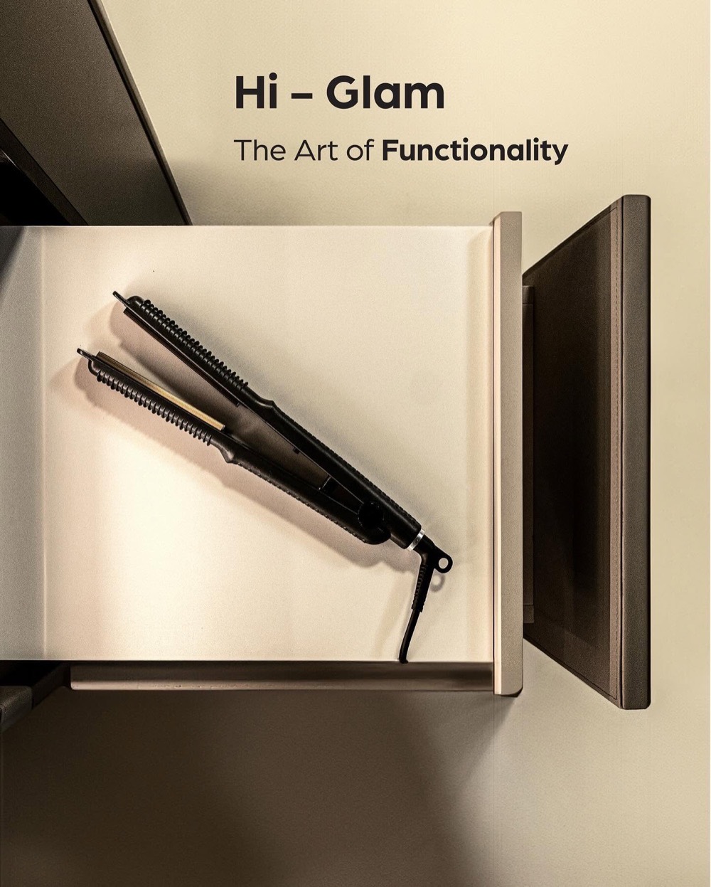 Be by Woodex Hi-Glam pull-out drawer with integrated styling-tool storage — “The Art of Functionality”