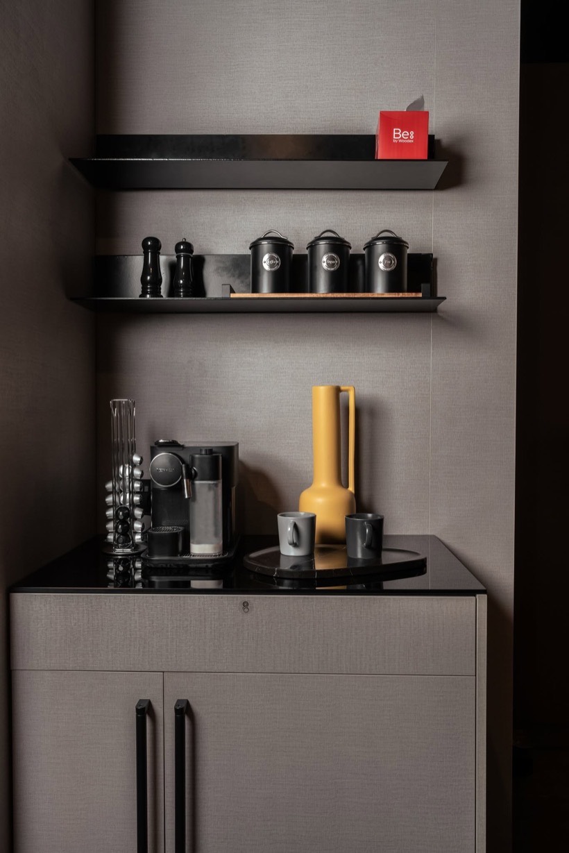 Be by Woodex coffee station with open shelving and a styled beverage counter